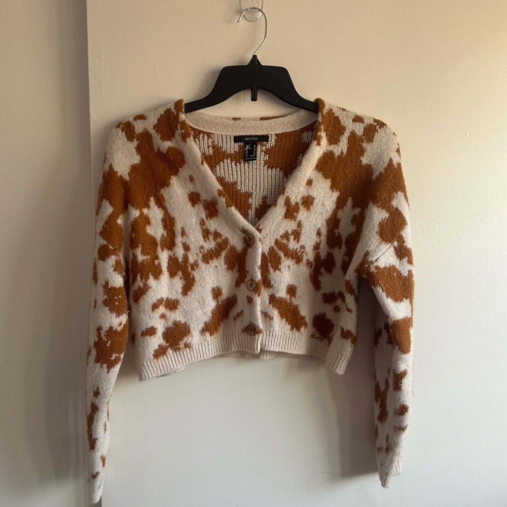 Forever 21 Cropped Cow-Spot Cardigan Sweater - White & Brown
